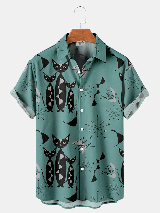 Men's Mid Century Modern Cat Geometric Print Regular Sleeve Shirt