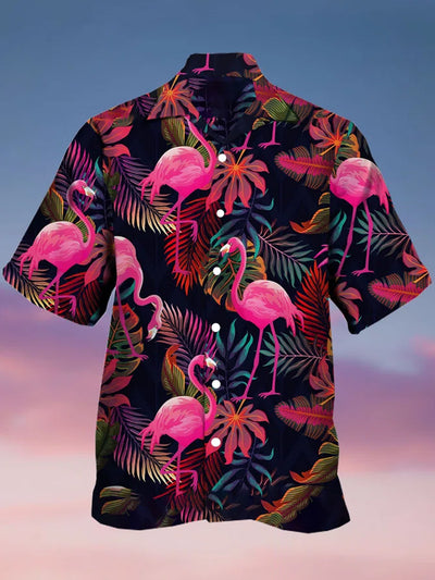 Fydude Men'S It'S Island Coconut Trees Flamingo Printed Shirt