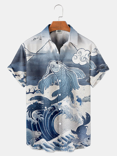 Men'S Waves and Koi Print Shirt